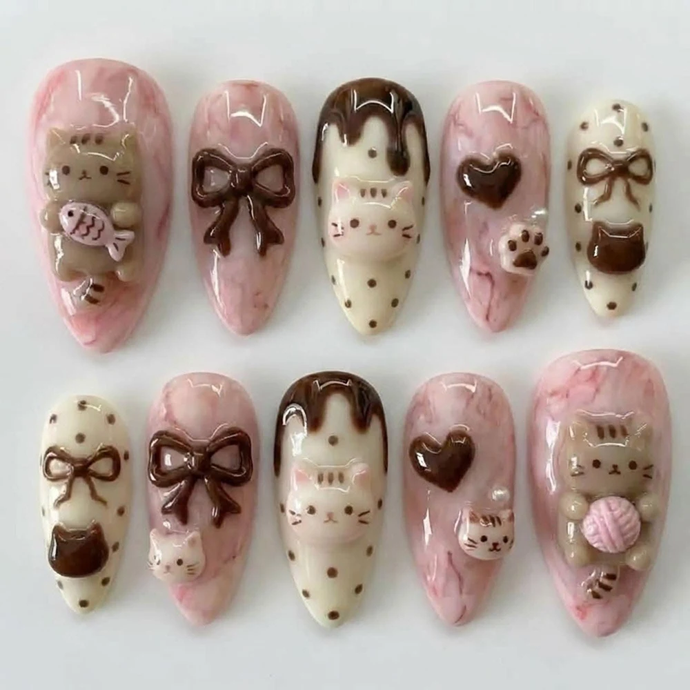 Handmade 3D Doll Sweet Rabbit Cat Rilakkuma Press On Nails Art Pink Chocolate Dessert Cream Cartoon Almond Fake Nails Sticker - view 6