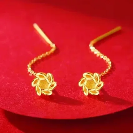 Pendientes de oro puro fino AU999 para mujer, pendientes de alambre de oreja de trébol de la suerte, nuevos pendientes de gama alta para novia, joyería