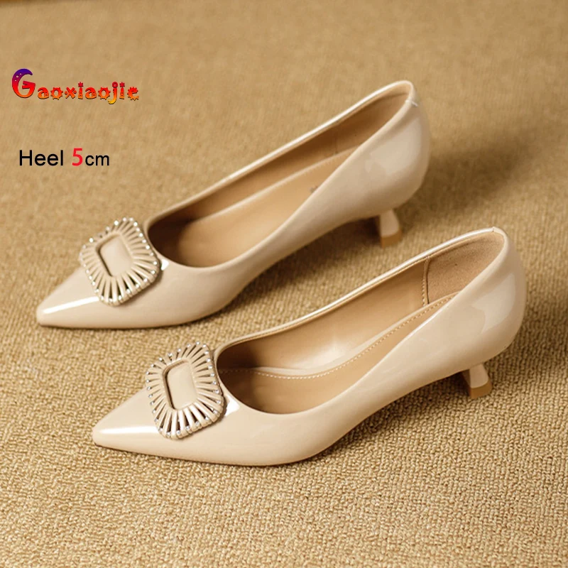 

Women Pointy Toe Shallow Single Shoes Square Button Decoration High Heels 2026 New high quality Spring Summer 5CM Woman's Pumps