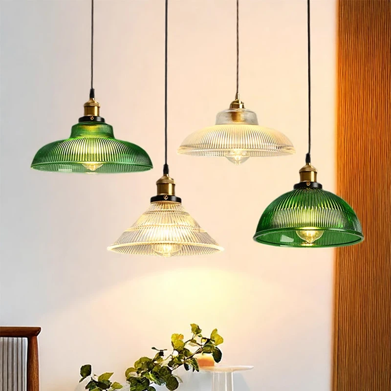 

LED Vintage Glass Pendant Light Green Hanging Lamps Living Room Decor Luminaire Hall Bedroom Dining Room Indoor Fixture Lustre