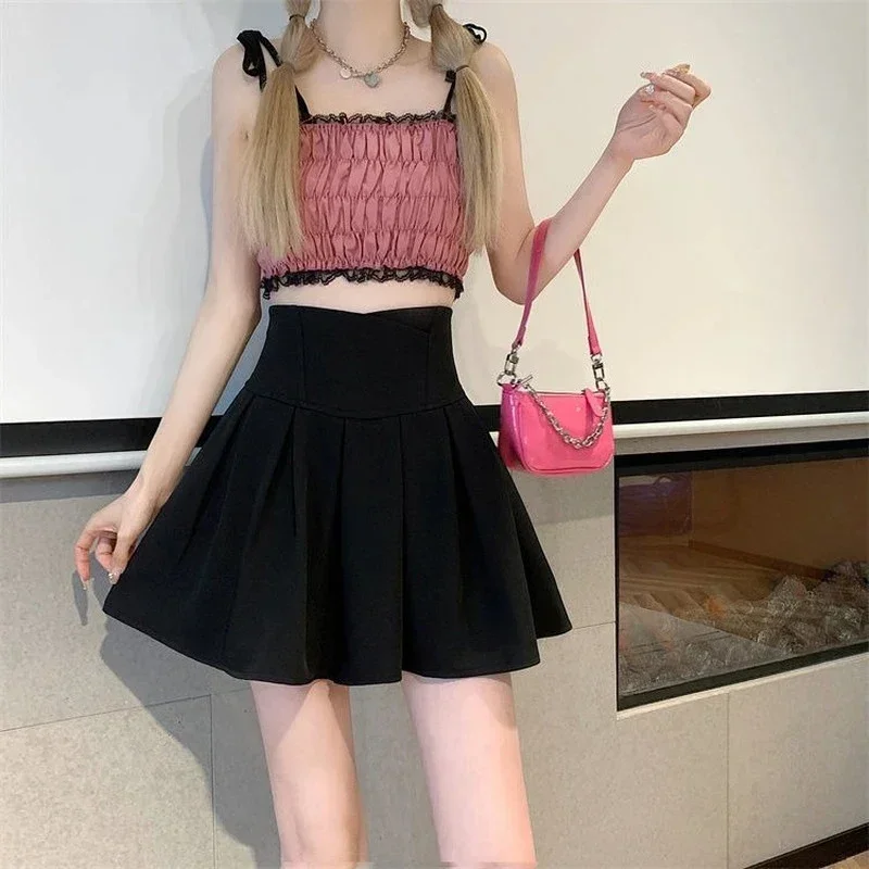 Korean Pleated Mini Skirts Women Preppy High Waist Solid A Line Skirt Student Streetwear Fashion Casual Basic Slim Skirts L619