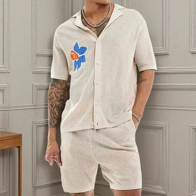 

Jacquard Knitwear 2 Piece Set Shirts&Shorts Suits For Men Casual Summer Coolness Quality Silky Elastic Tracksuit Ensemble Hommes