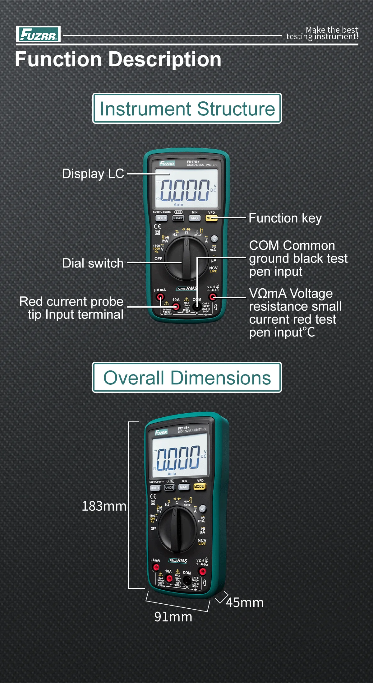 FUZRR FR15B+ FR17B+ Digitales True-RMS-Multimeter mit Auto-Range-Funktion, NCV, AC/DC-Spannungs-, Strom- und Kapazitätsmessung, für die Reparatur von Autoelektrik – Detail 7