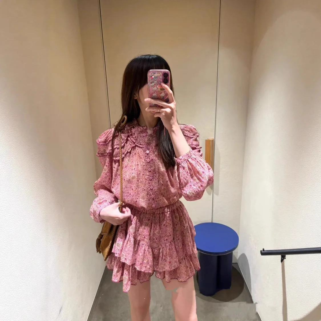 

Loose Floral Print A-Line Skirt Pants Women's Faion Set Autumn Season Elastic Waist Layered French Sle Long Sve