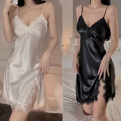 Halter Nightdress Summer Pajama Women Ice Silk Satin Sexy V-neck Lace Pajama Women Nightgowns Sexy Nightwear