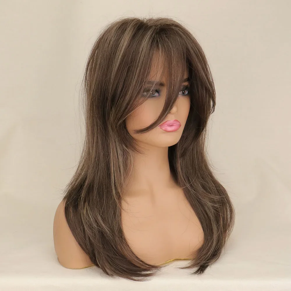 SuQ-Perruque Synthétique Longue et Ondulée avec Frange pour Femme، Ombre، Marron، Blonde، Cosplay، Naturel، Chaleur، Degré