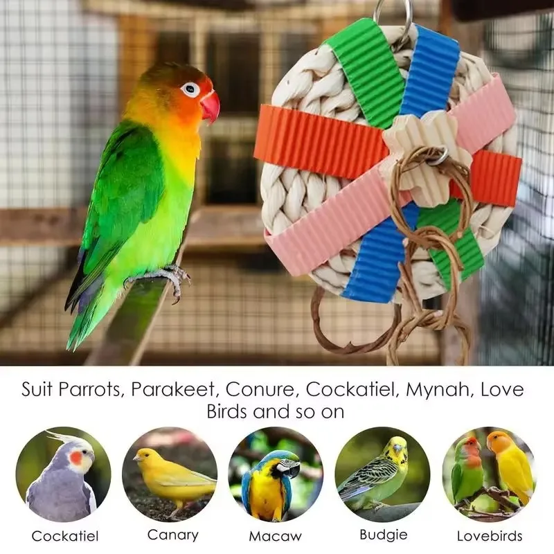 Parrot Chewing Toy Phoenix Head Parrot Chewing Toy with Metal Hook Colorful Foraging Long Tail Parrot Straw Chop