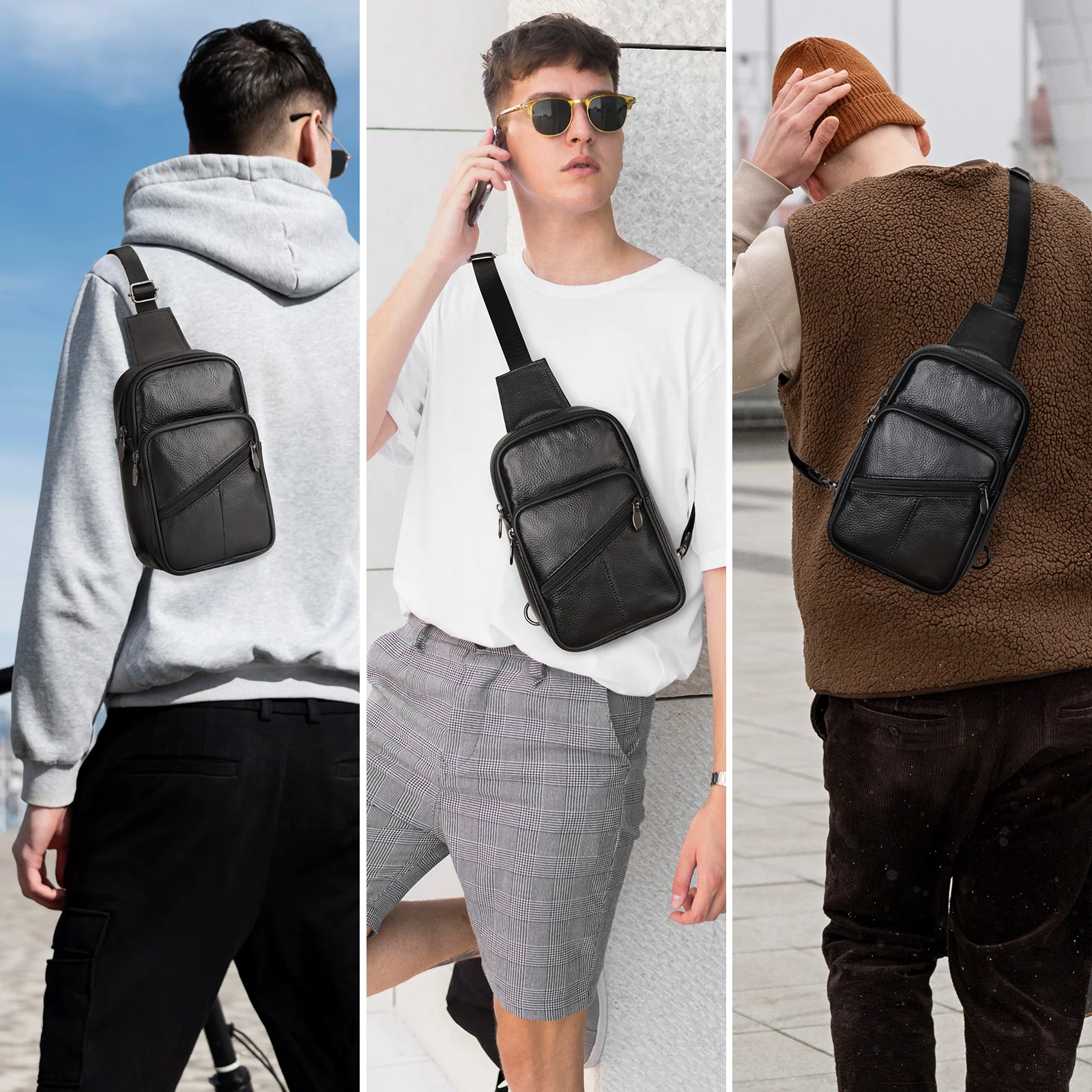 Genuine Leather Crossbody Sling Bag for Men and Women Small Fanny Pack Purses Chest Bag Travel Backpack Daypack image 2