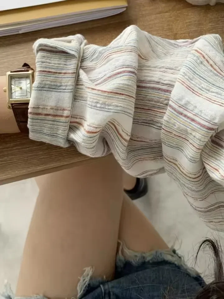 Pop Pop เกาหลี Vintage บางลายเสื้อผู้หญิงเสื้อฤดูร้อนใหม่ Chic หลวมเปิดเสื้อสเวตเตอร์ถักครีมกันแดดเสื้อลําลองแขนยาว Bl