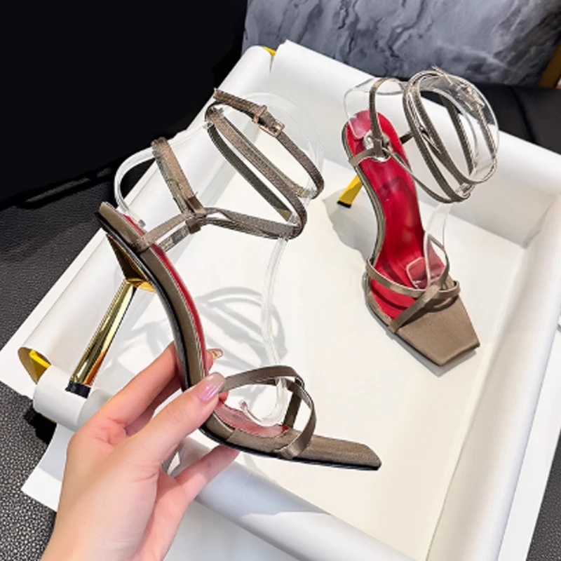 

Multiple Straps Square Toe Golden Heel Sandals Woman Summer 2026 Open Toe Slingback Stiletto Women's High Heels Fashion Footwear