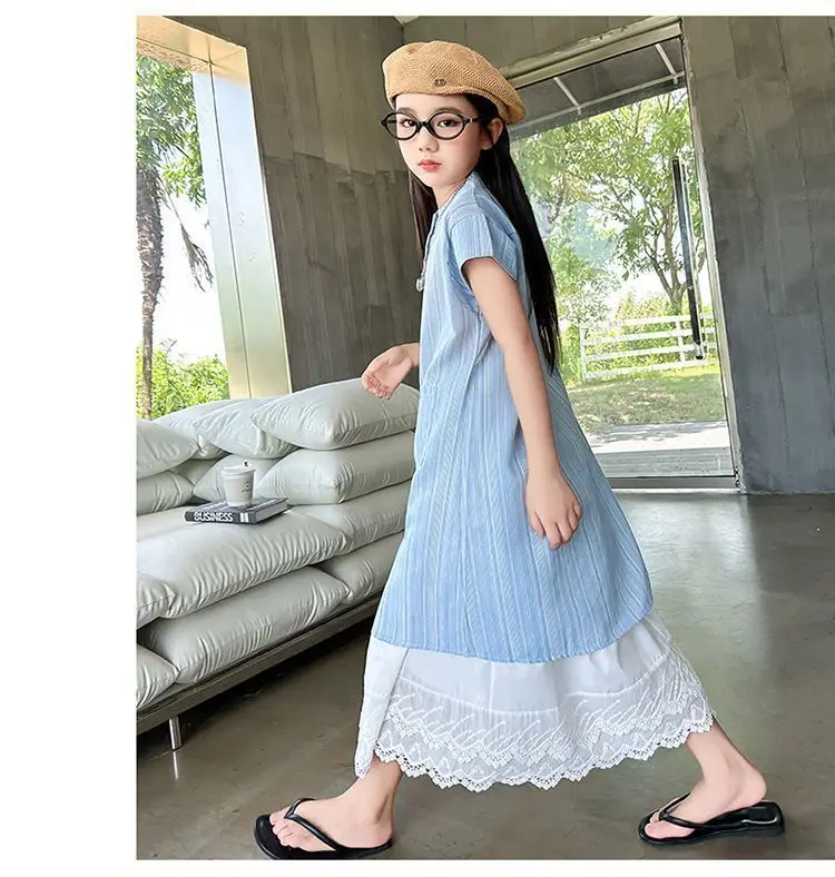 

Girls' Dress Set 2025 Summer New Korean Style Fashionable Shirt Dress for Older Children, Girls' Long Dress Two-Piece Set