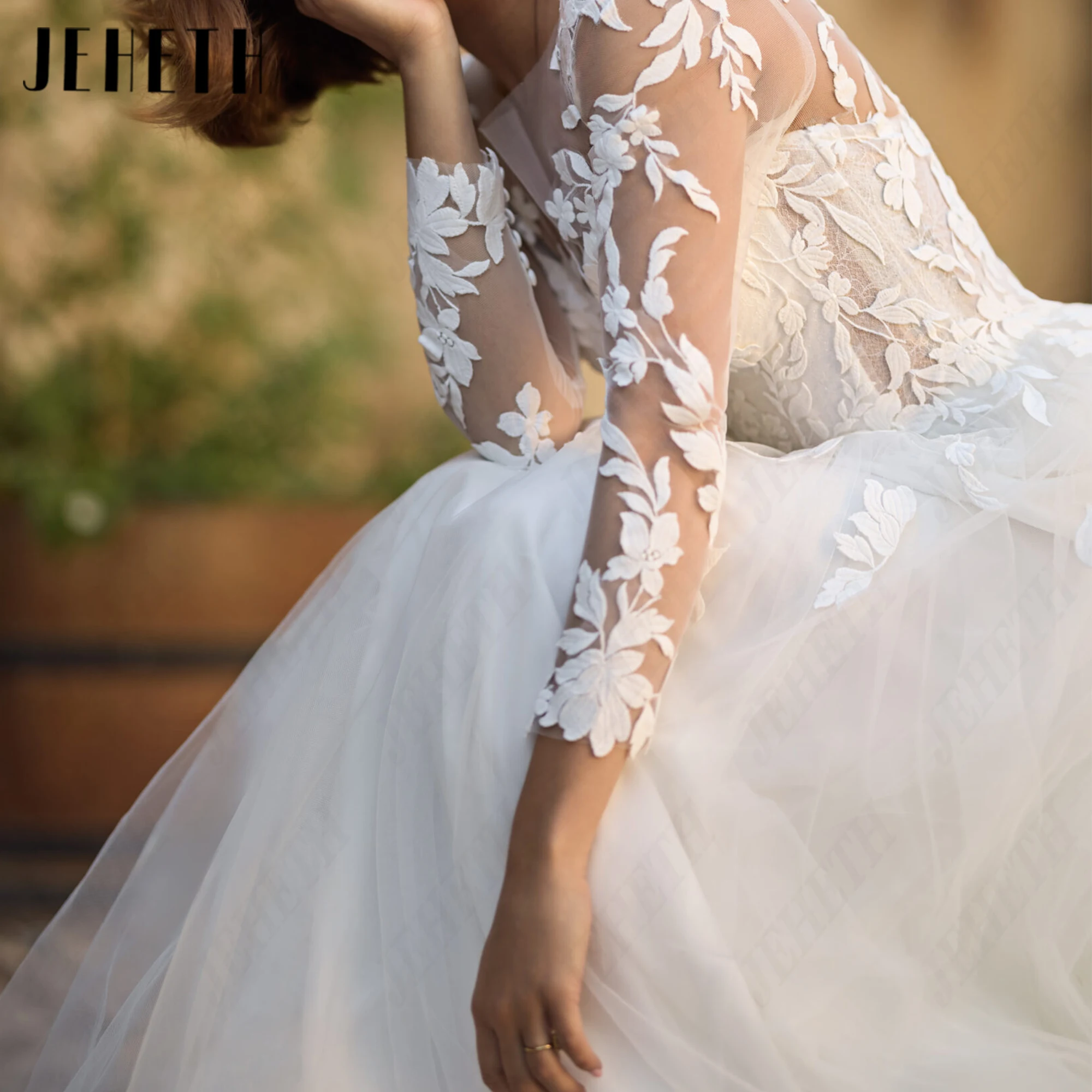 JEHETH Custom Made A‑Line Wedding Dress Illusion Long Sleeves Tulle Bride Dresses Court Train Button Back Exquisite Bridal Gown