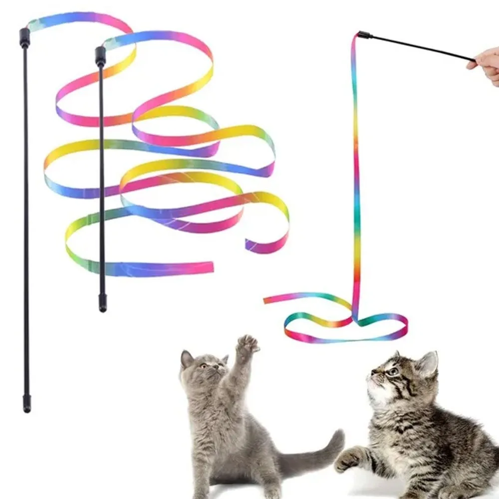 Interactive Cat Rainbow Wand Toys, Interactive Cat Teaser Wand String, Colorful Ribbon for Most Cats and Kittens