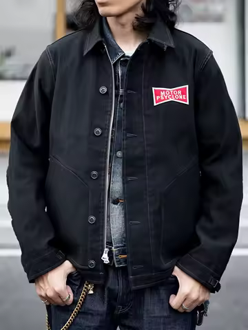 Red Tornado Screaming Eagle Deck Worker Jacket Rugged Style Men's Bedford Cloth Jacket in Black