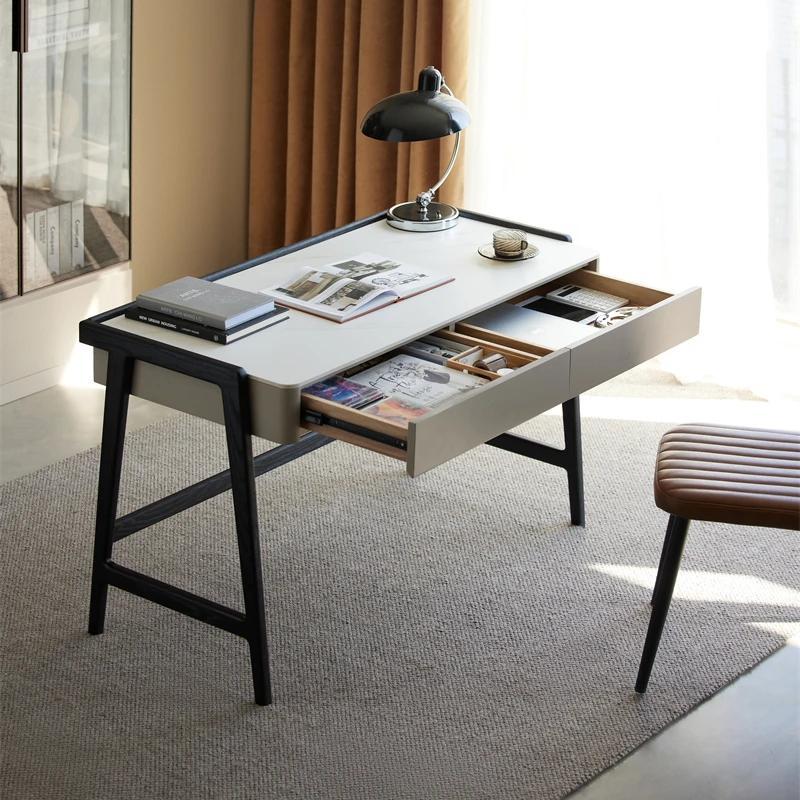 

Black Legs Computer Writing Work Study Table White Sintered Stone Top Home Office Desk for Adults