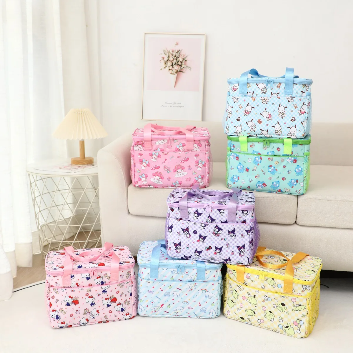 

Cute Cartoon Sanrio Kuromi My Melody Hello Kitty Hangyodon Lunch Box Bag Insulated Bag Student Lunch Bag Hand-Held Bento Bag