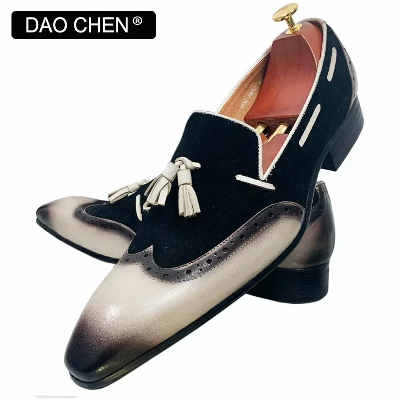 Mocassins italiens en daim à bout d'aile pour hommes, chaussures en cuir, noir, marron, document mixte, robe décontractée, mariage, bureau