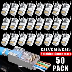 50-1Pcs RJ45 Connector CAT7 CAT6 CAT5 Pass Through Modular Plugs Shielded 50U Gold Plated Ethernet End Network Lan Cable Plug