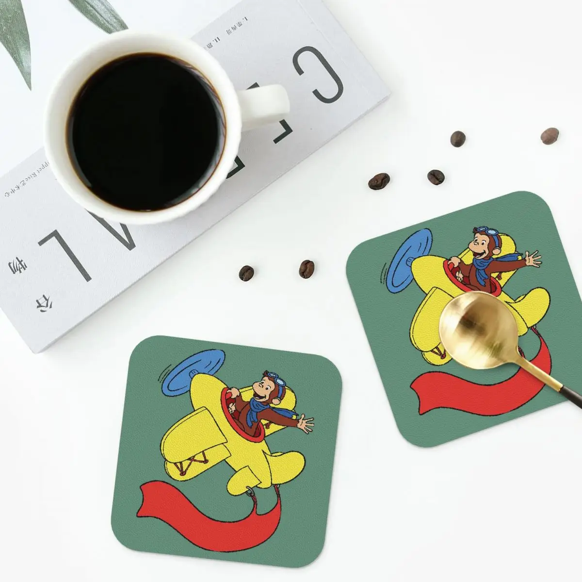 

Curious George In An Airplan Coasters Kitchen Placemats Waterproof Insulation Cup Coffee Mats For Decor Pads Set of 4