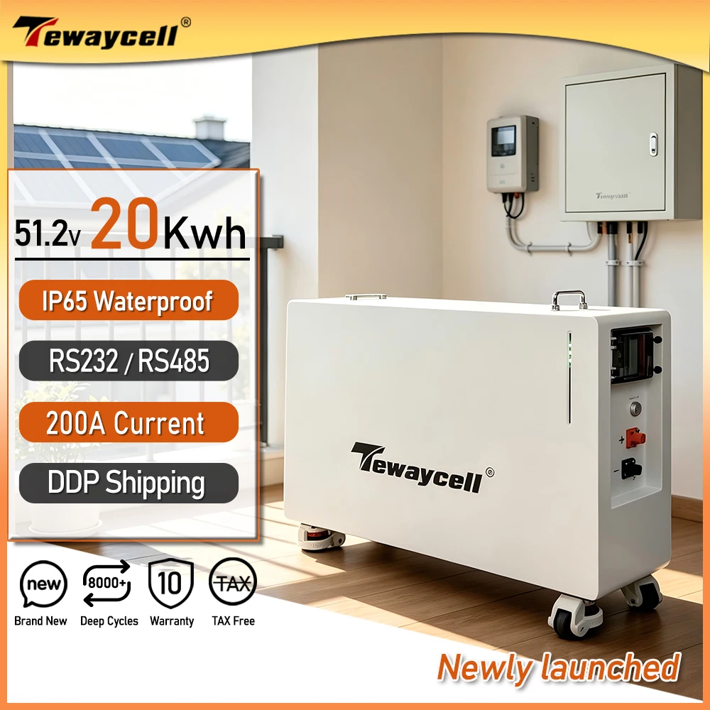 Tewaycell New 20KWh 51.2V Powerwall 400Ah Lifepo4 Battery IP65 Waterproof Rating 8000+Cycles 200A BMS Mobile ESS Solar System