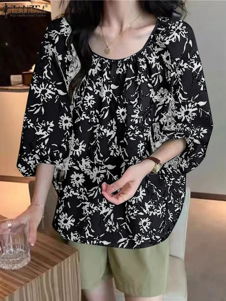 ZANZEA Bohemian 3/4 Sleeve Tops 2025 Fashion Floral Printed Blouse Women Summer Pleating Tunics Casual Loose U-neck Tunics Femme