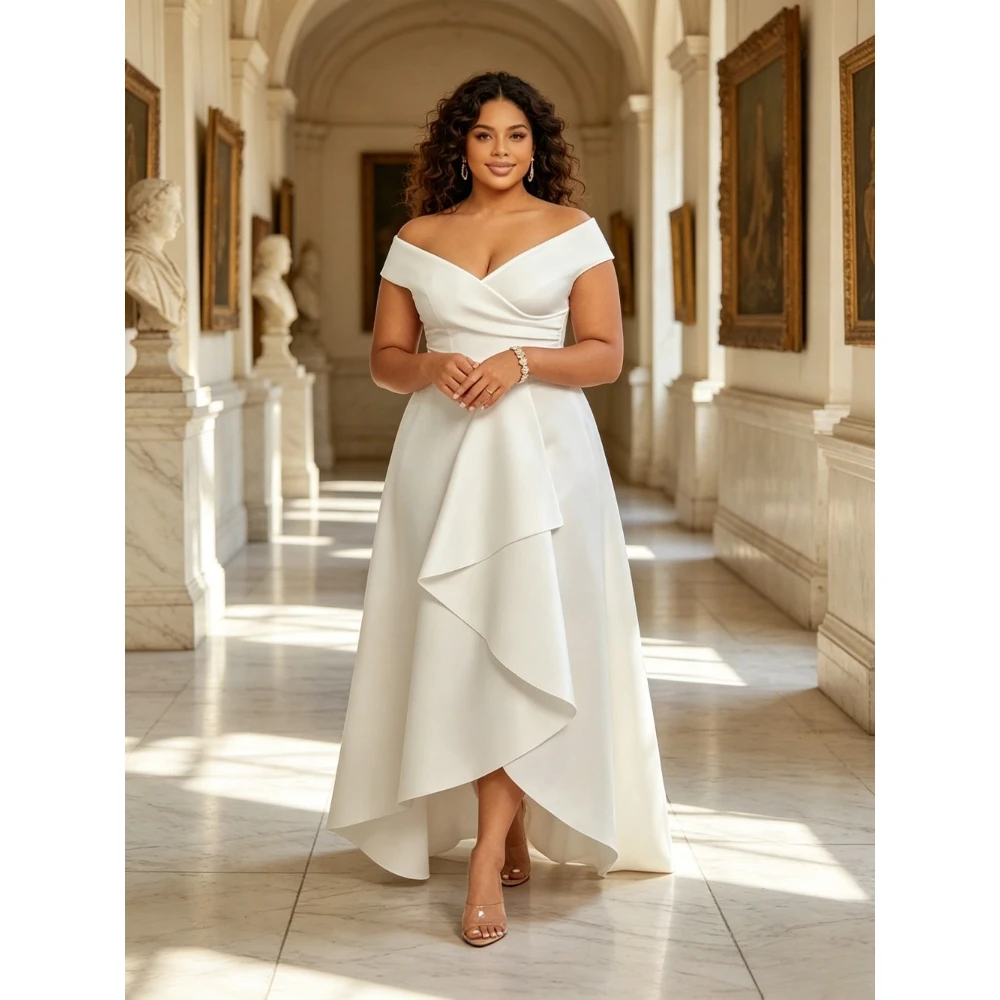 Customized Layered Off Shoulder Evening Gown with 2026 V Neckline Asymmetrical Hem Satin and Floor Skirt Suitable for Parties