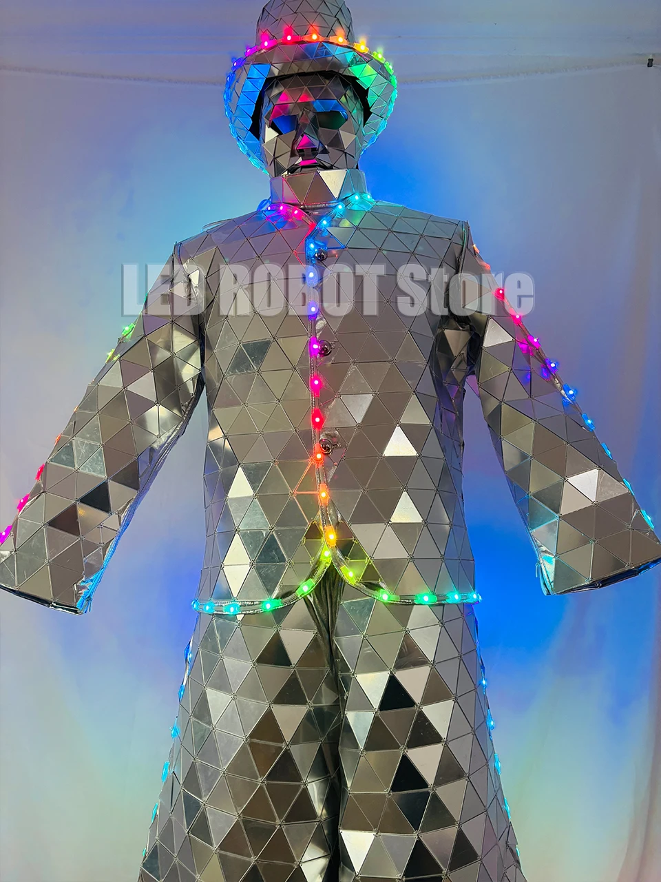 

Silver Mirror Mask Men LED Set Stilts Style Set Lights Remote Controlled Stage Performance Costume