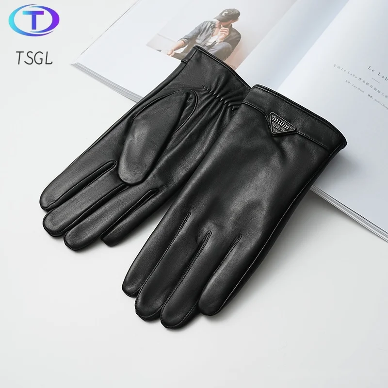 

2025 Popular Business Driving Winter Men Genuine Sheepskin Leather Gloves Autumn Warm Touch Screen Full Finger Black Gloves