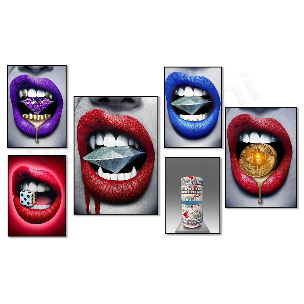 

Bitcoin Lips Poster, Purple Amethyst Gold Teeth Lips Print, Blood Red Lipstick Sexy Lips Trendy Canvas Art Painting Poster