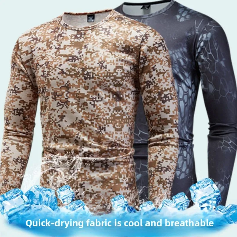 Outdoor Sports Stretch Fitness Long-sleeve Spring Summer Quick-drying Camouflage T-shirt Men's Camping Fishing Sunscreen Top