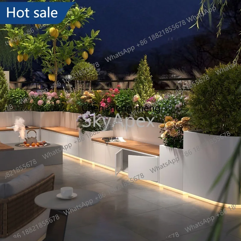 

M02 Courtyard Stainless Steel Flower Box Bench Combination Rustproof Outdoor Garden Terrace Landscape Fence Partition Planter