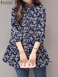 ZANZEA 2024 Summer Shirt Women Floral Prined Bohemian Stand Collar 3/4 Sleeve Casual Vintage Elegant Blusas Loose Tunic Tops