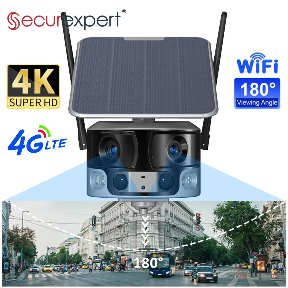 

8MP 4G WIFI Solar Camera Outdoor Dual Lens 4X Solar Panel Human Detection Color Night Vision Waterproof PTZ Security Cameras