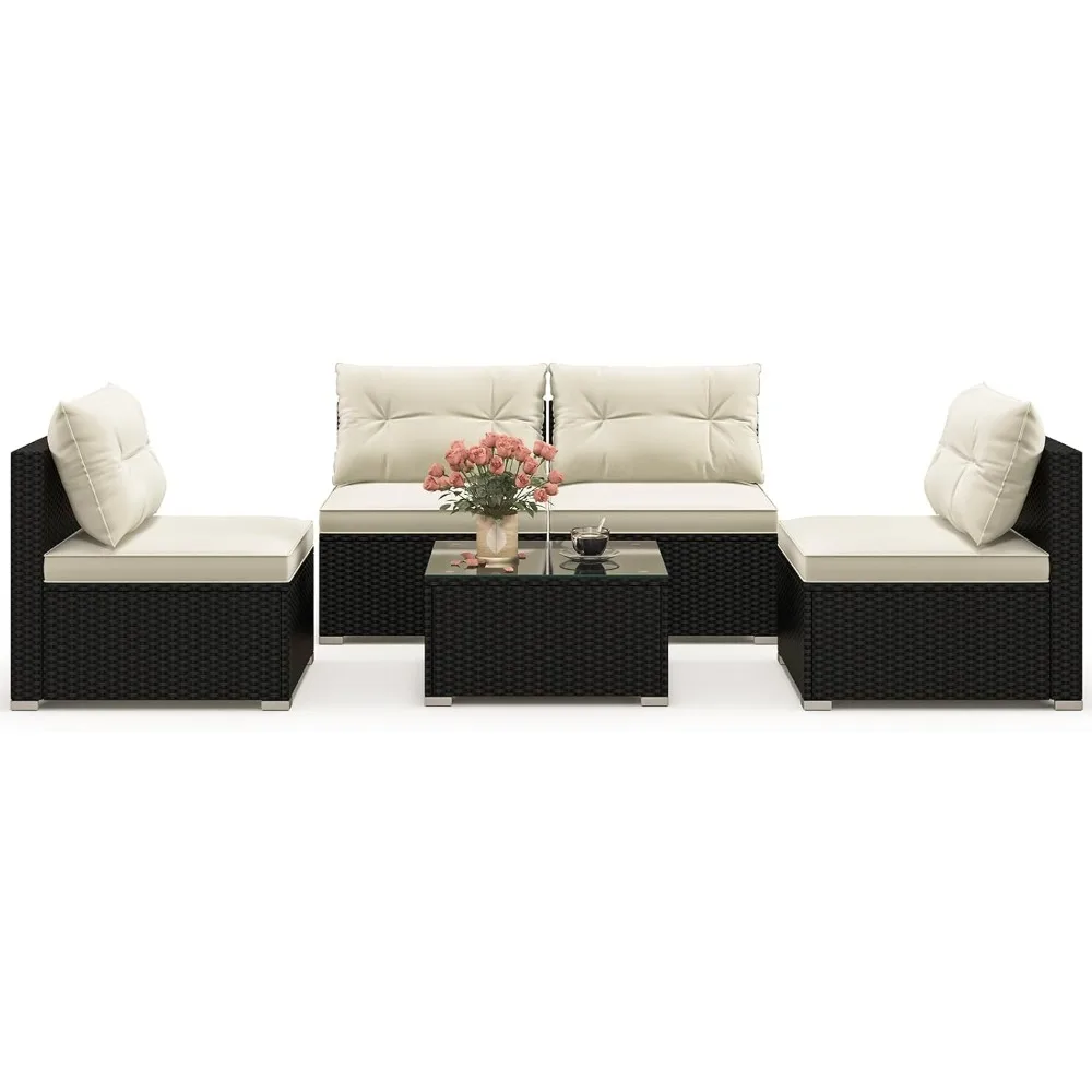 

5 Piece Rattan Sofa Set, Patiojoy Outdoor Wicker Furniture Set with Seat & Back Cushions, Square Coffee Table, Patio Sectional