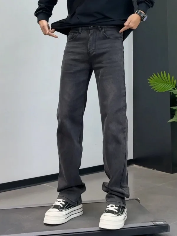 

Men's Heavyweight Casual Jeans Winter New nut Tree Design American Retro Bla ey Straight Leg Denim Pants