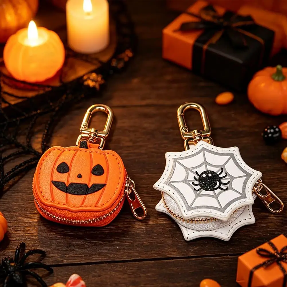 Mini Coin Purse Keychain Cute Halloween Orange Pumpkin Spider Bag Pendant Zippered Pouch Bag Wallet Novelty Holiday Gifts Purse