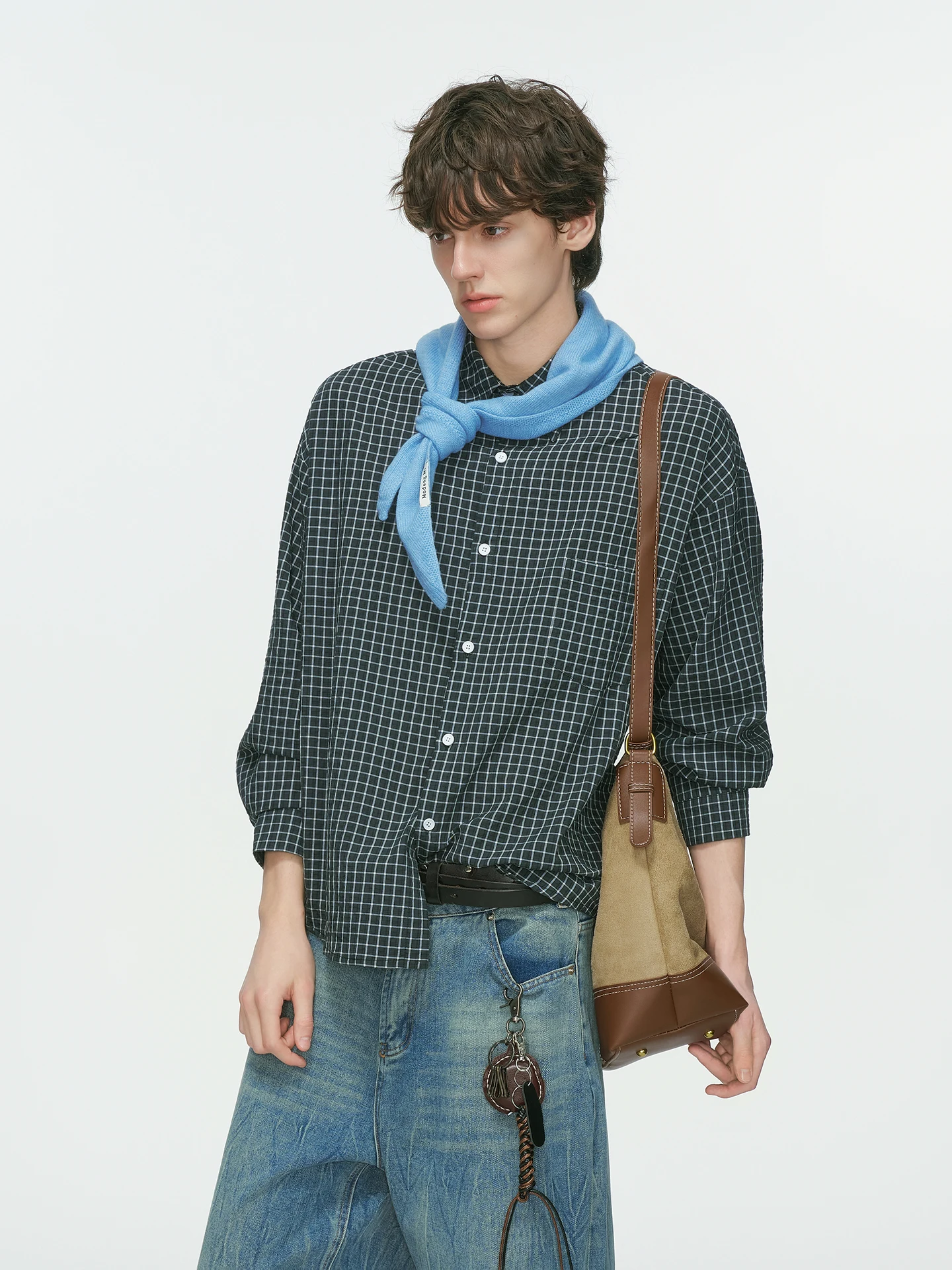 Dream Made American Style Long Sleeve Blue Plaid Casual Shirt for Men Autumn Inner Wear Male Model Loose Fit Cotton Polyester...