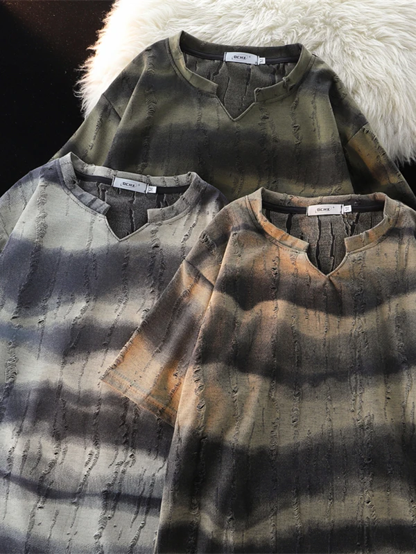 

American Sle Tie Dye Hole V Ne ort Sve T irt Men Summer New Faion Striped Loose f Sve Body T irt