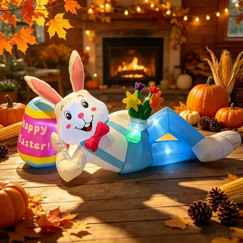 Cute Pink Rabbit Inflatable Decoration Luminous Blow Up Bunny Yard Lawn Garden Outdoor Festival Party Holiday Decor 6ft