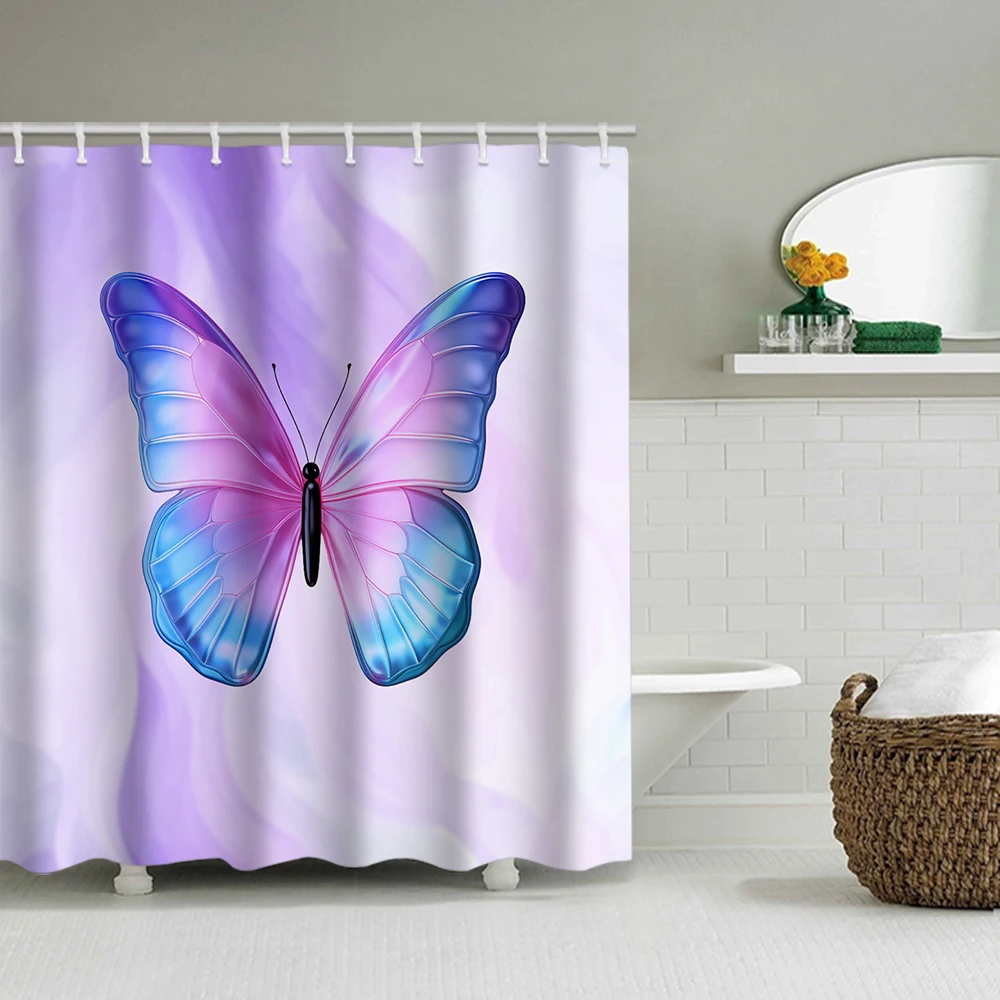 1/4 Pink Butterfly Circle shower Curtains, Toilet Seat Decoration, Shower Curtain with Carpet and Toilet Lid, 12 70.8x70.8 inch