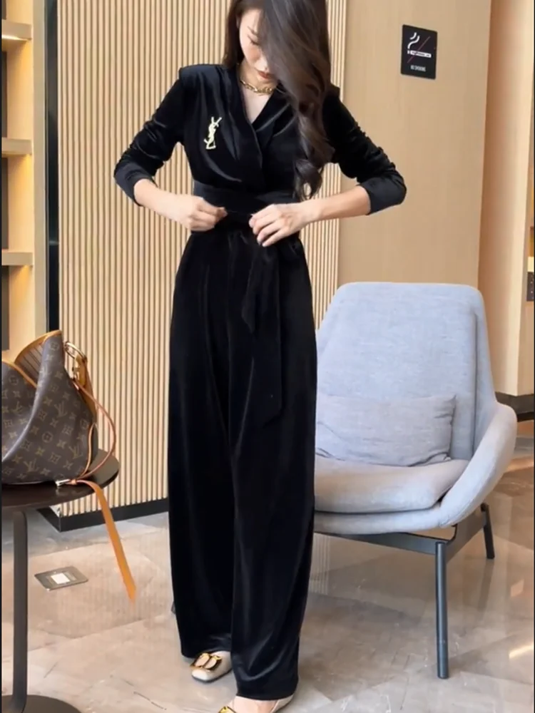 

Золотой бархатный цельный костюм с высокой талией V-Ne, широкие женские модные осенние новые длинные брюки из полиэстера для поездок на работу