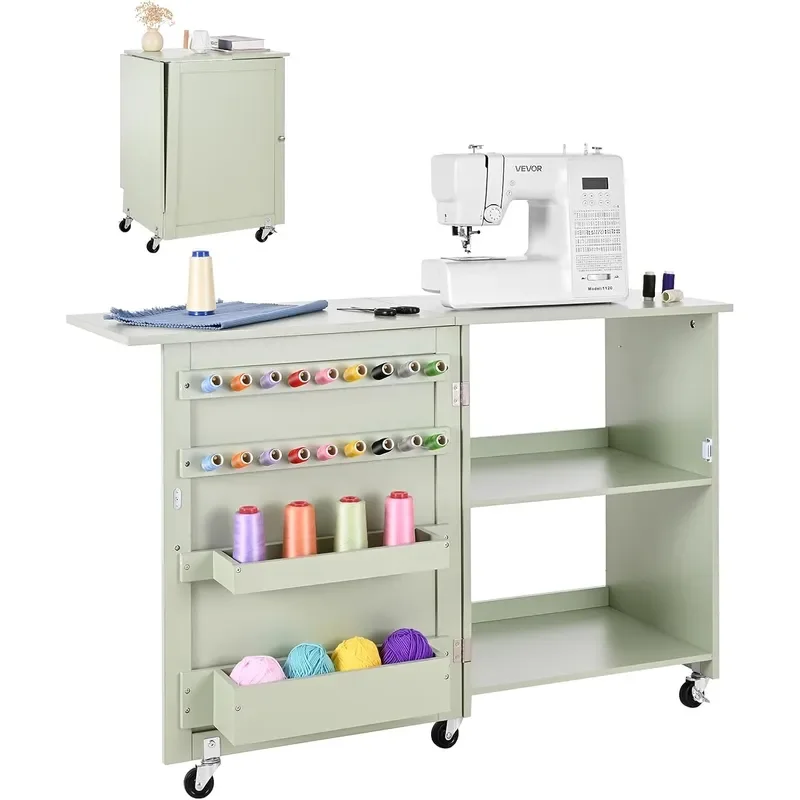Folding Sewing Table Multipurpose Sewing Machine Table with Compact Design Wheels Wooden Pegs Storage Trays and Shelf