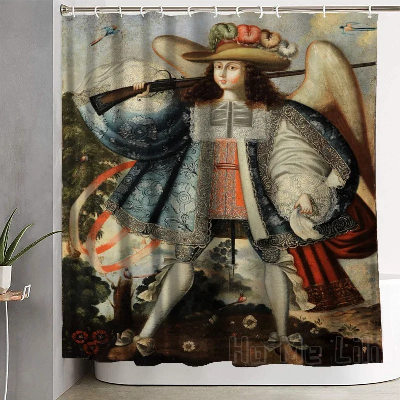 Spanish Colonial Art Shower Curtain Religious Baroque Painting Angel Archangel Altar Prayer Laminated Celestial Images