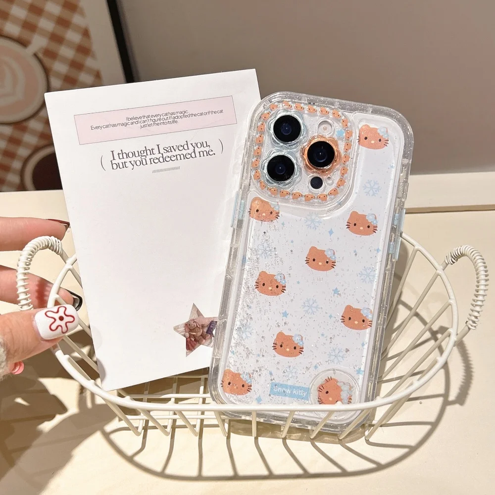 Flower Flowing Sand Black Skin KT Case For iPhone 16 15 Pro Max 14 Pro Max 13 Pro 17 Pro Max Cartoon Snowman Bling Flower Cover