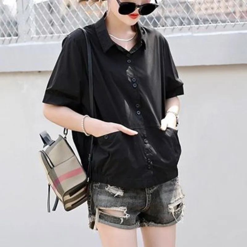 Temperament Versatile Summer Women\'s Polo Neck Pocket Fashion Casual Simplicity Loose Short Sleeve Single Breasted Shirt Tops