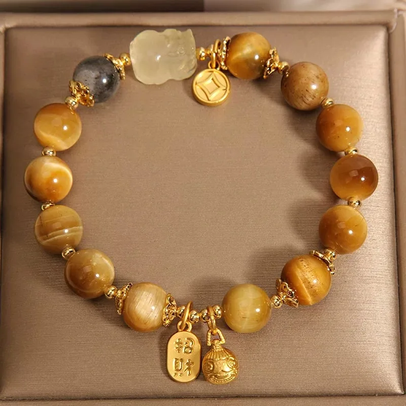 Chinese Style Lucky Wealth Attracting Natural Citrine Rutilated Quartz Tiger Eye Stone Bracelet Women Golden Pixiu Charm Good