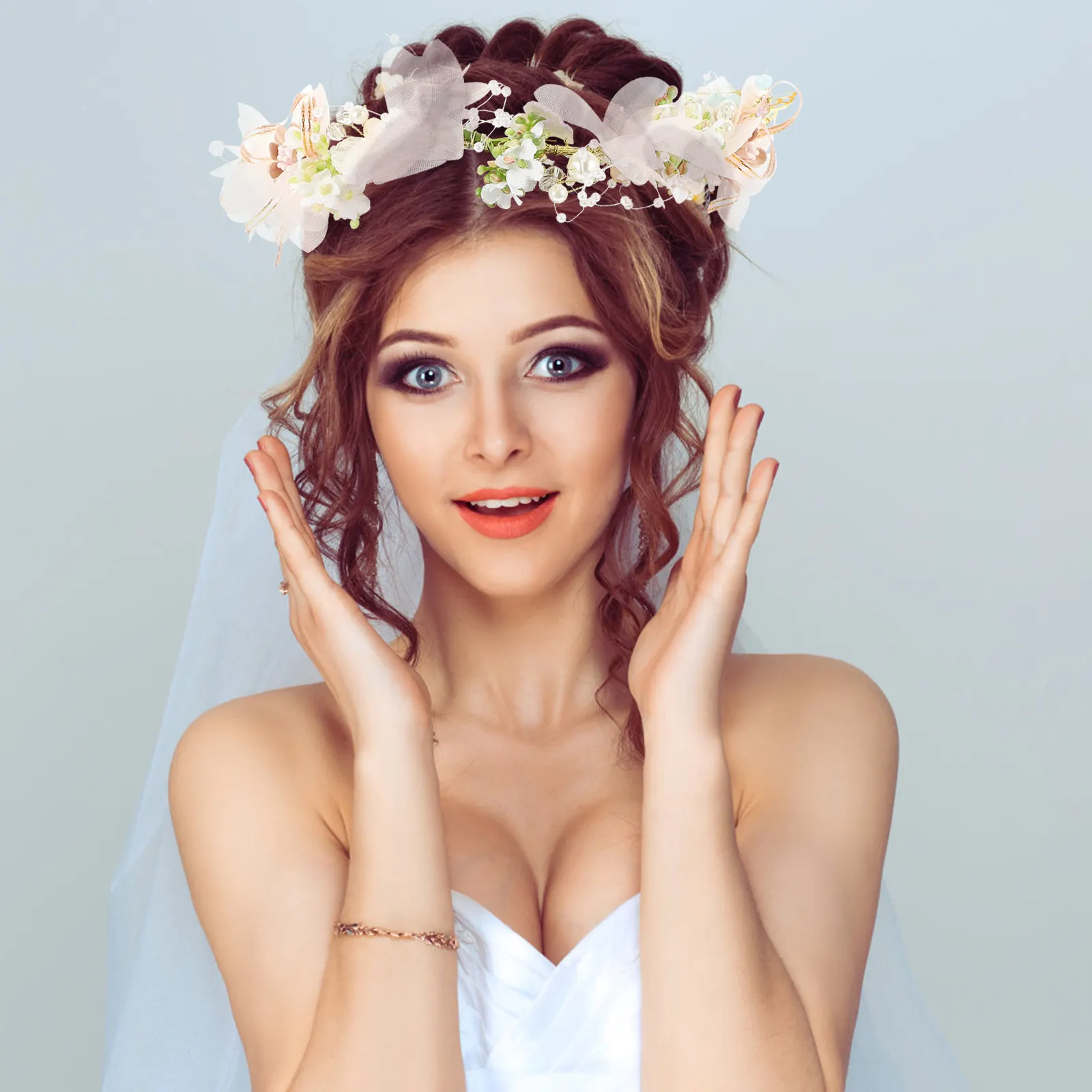 

Elegant Artificial Flower Crown Princess Headdress Adjustable Ribbon Wreath Photo Props Party Festival Hair Decor