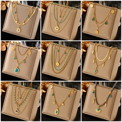 DIEYURO 316L Stainless Steel Green Stone Crystal Necklace For Women Bohemian Ethnic Chain Choker Wedding Party Jewelry Gift