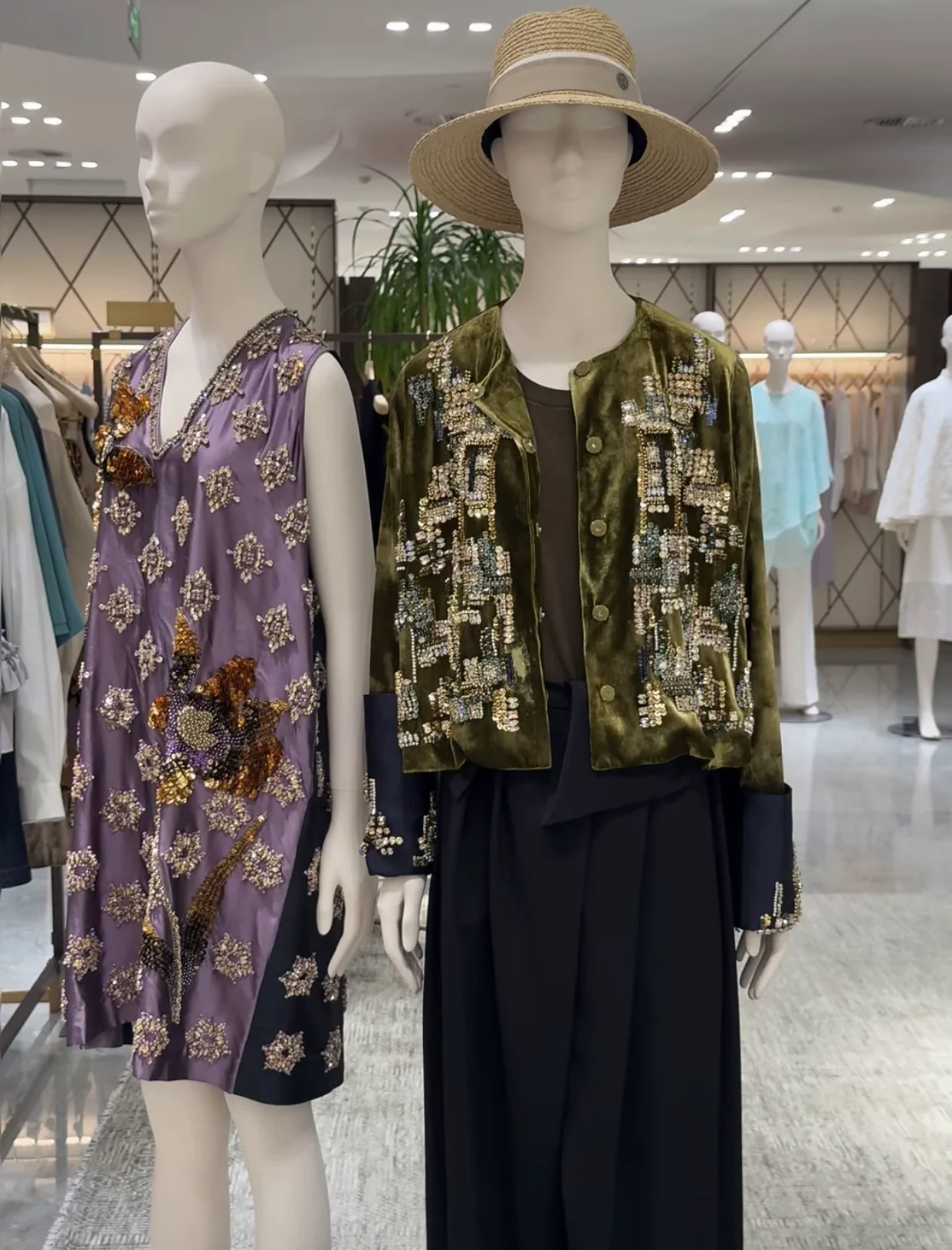 ⁠Luxury Heavy Beaded Velvet Skirt Set Women Olive Green Brown Haute Couture Floral Embroidered Party Jacket and Midi Skirt⁠