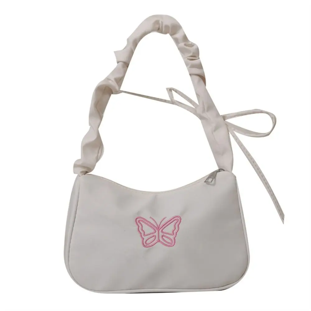 

Embroidery Bowknot Butterfly Shoulder Bag Oxford Ruffle Handle Ins Half-moon Underarm Bag Y2k Style Korean Style